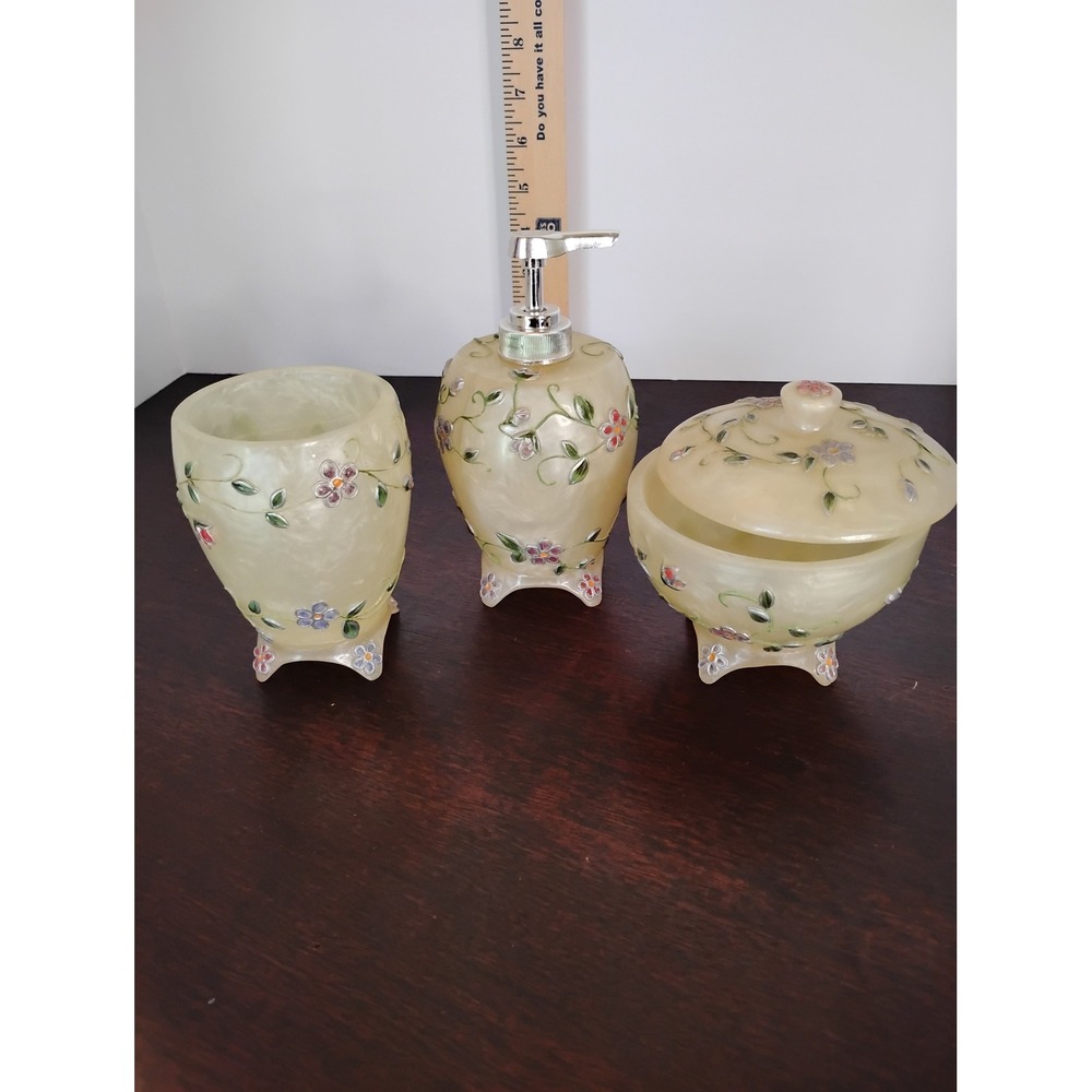 Floral Pearlescent Resin 3pcBathroom Set Soap Dispenser Tumbler Lidded Jar Cream